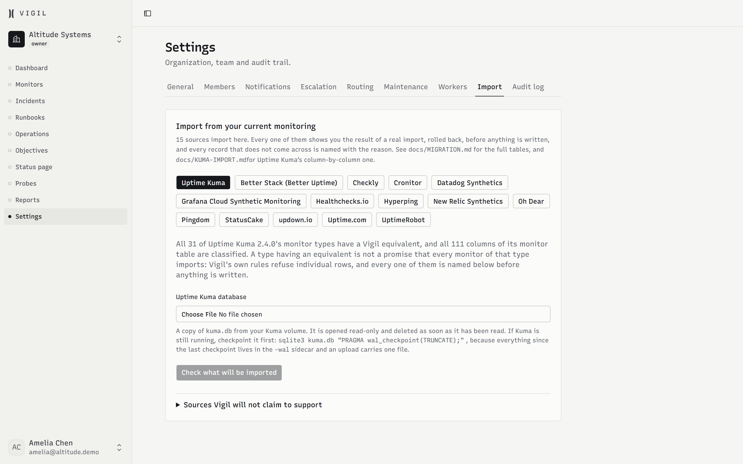 The Uptime Kuma importer at /settings/import: upload a kuma.db, read the dry-run report, then apply