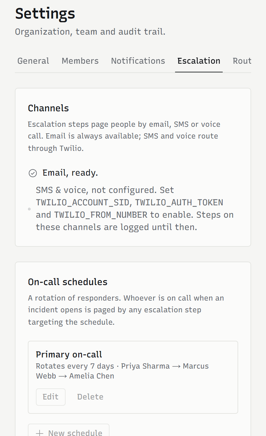 Vigil escalation settings on a phone: the channels a step can page through, an on-call schedule that rotates every seven days between three responders, and the escalation policies attached to monitors.