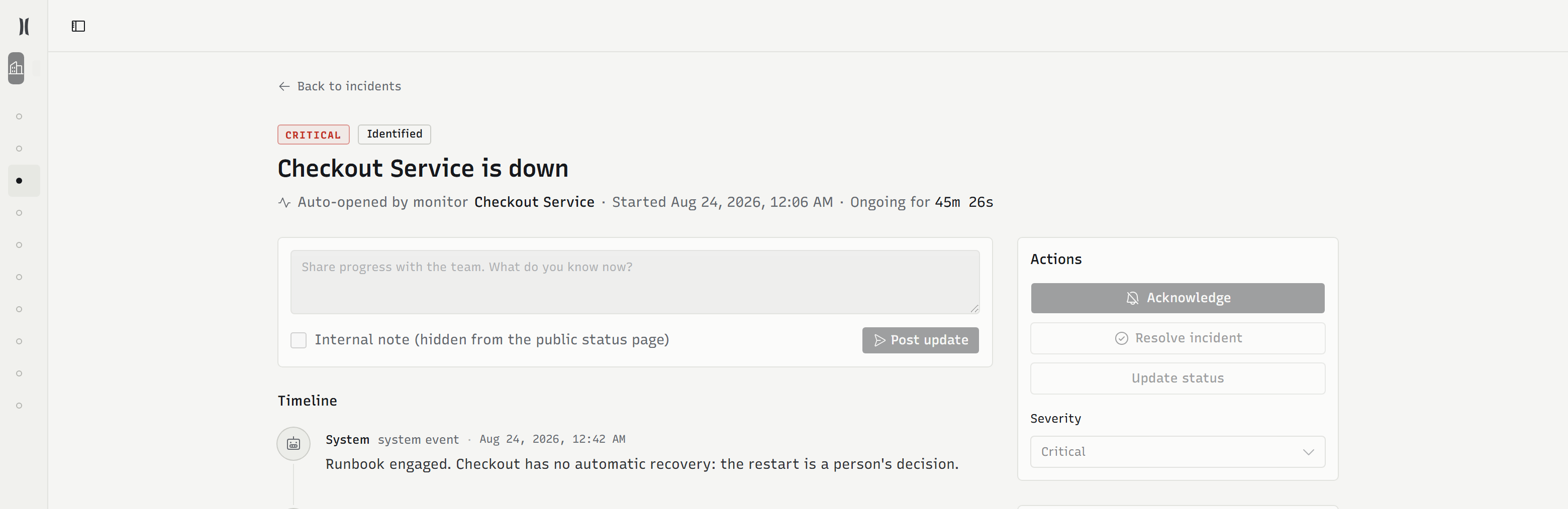 A bounded view of a real Vigil incident: Checkout Service is down, critical and identified, with the first complete timeline event and the available incident actions.