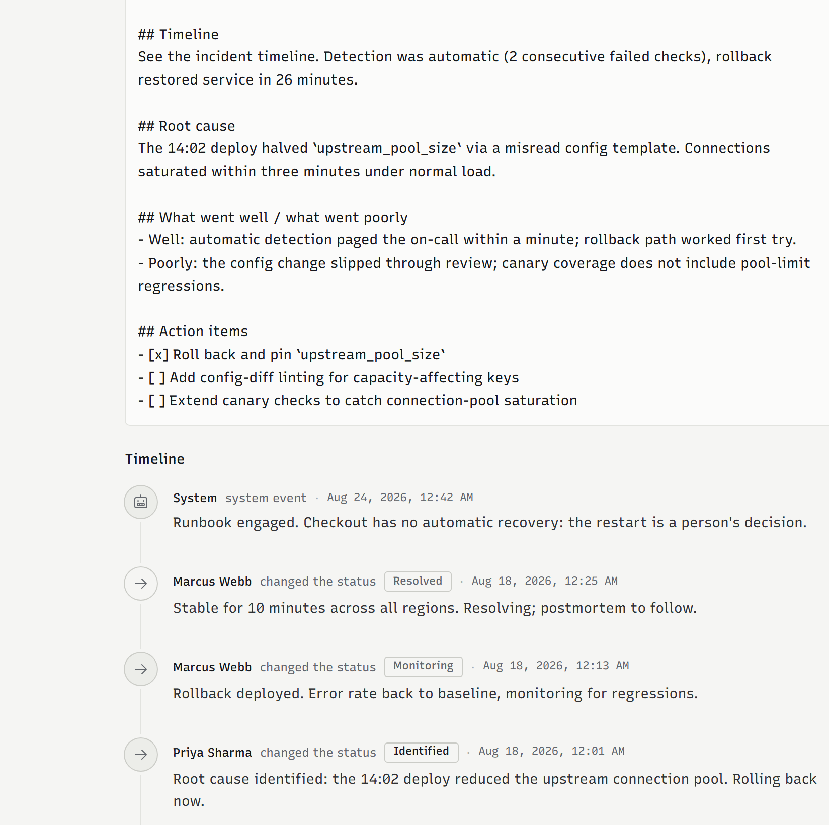 A resolved Vigil incident: the postmortem written into it, and beneath it the append-only timeline of the status changes and updates people posted while it was open.