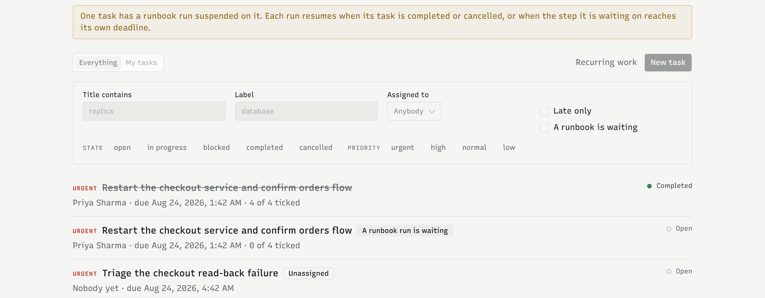 The Vigil operations inbox: the notice saying a runbook run is suspended on a task, and the rows it refers to, each with an owner, a deadline and how much of its checklist is ticked.